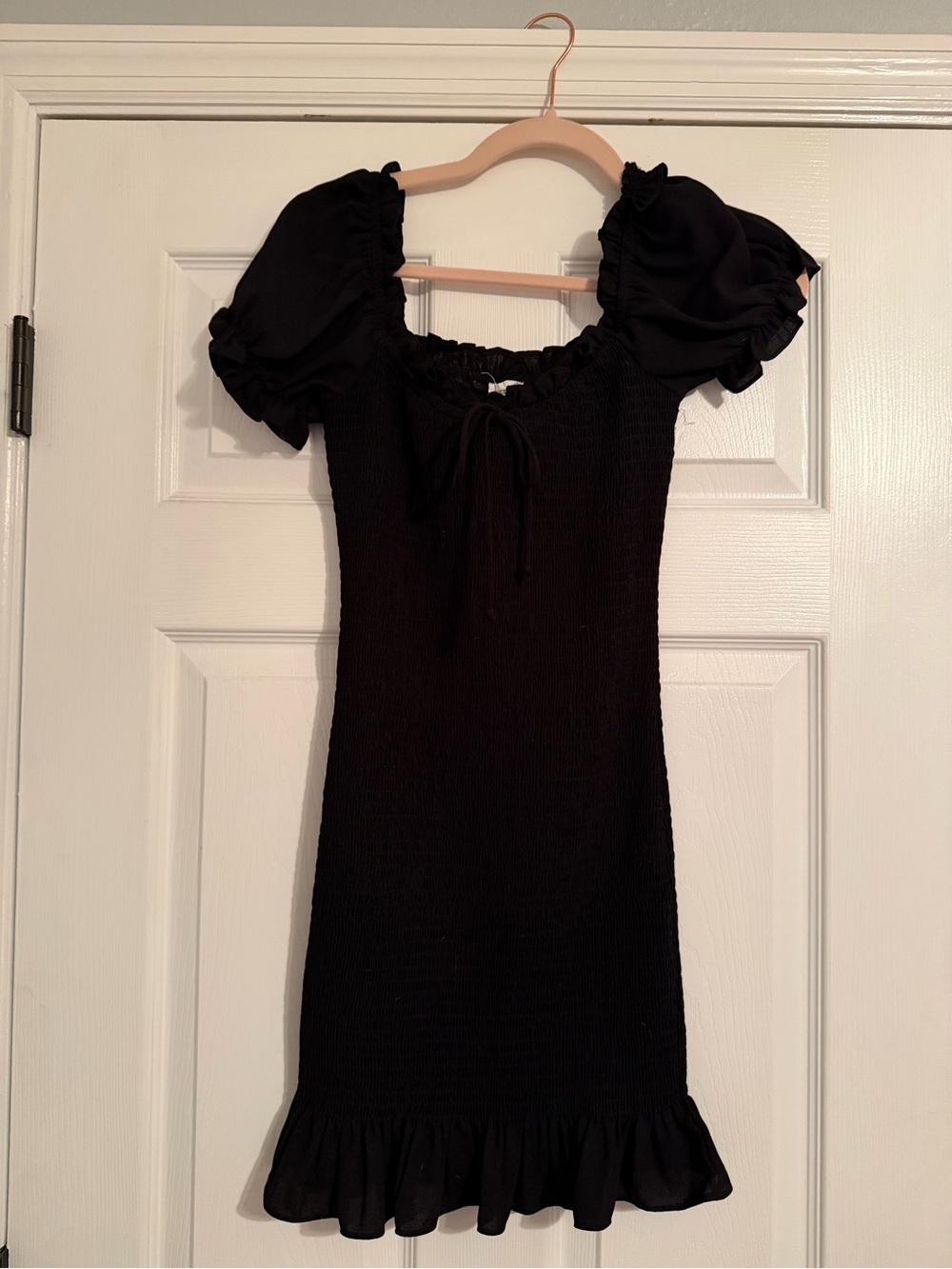 Black Smocked Puff-Sleeve Mini Dress with Ruffle Hem